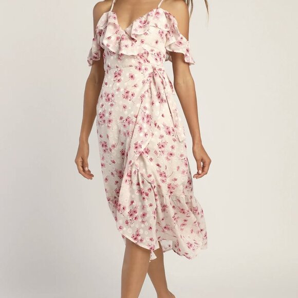 NWT Lulus Bright Weather Blush Floral Jacquard Cold-Shoulder Wrap Dress (size S)